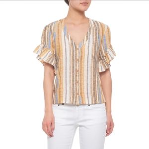 Drew Striped Ruffle Sleeve Top Linen Blend V Neck